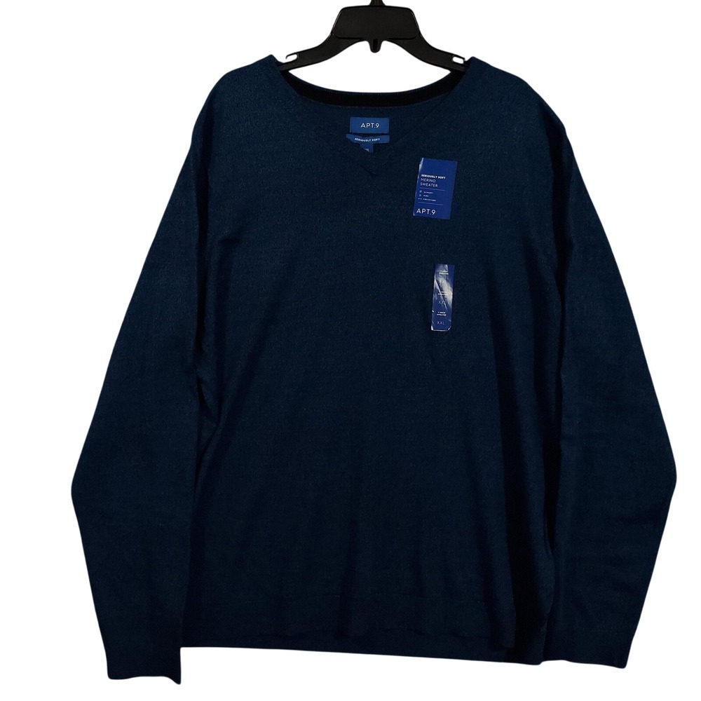 APT.9 Sweater Mens 2XL Navy Blue Seriously Soft Merino Blend V-Neck‎ Pullover